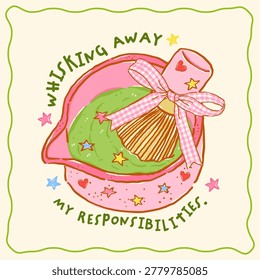 Whimsy girly matcha bowl chawan with Coquette whisk and sprinkles with Saying quote whimsical hand drawn doodle Coquette