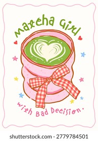 Whimsy girly matcha latte art heart coquette gingham bow Saying quote whimsical hand drawn doodle