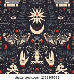 Whimsy and gothic pattern with botanical, astrological and alchemy symbols intertwine with death head moth, mandragora and occult symbols. Magic and witchcraft print on dark seamless background.