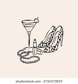 Ilustración femenina dibujada a mano caprichosa con tacones y champán