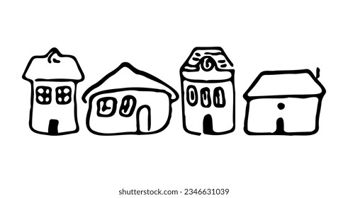 Whimsy hand drawn house vector motif for rural residential clipart.Isolated wonky domestic home for naive monochrome illustration. 