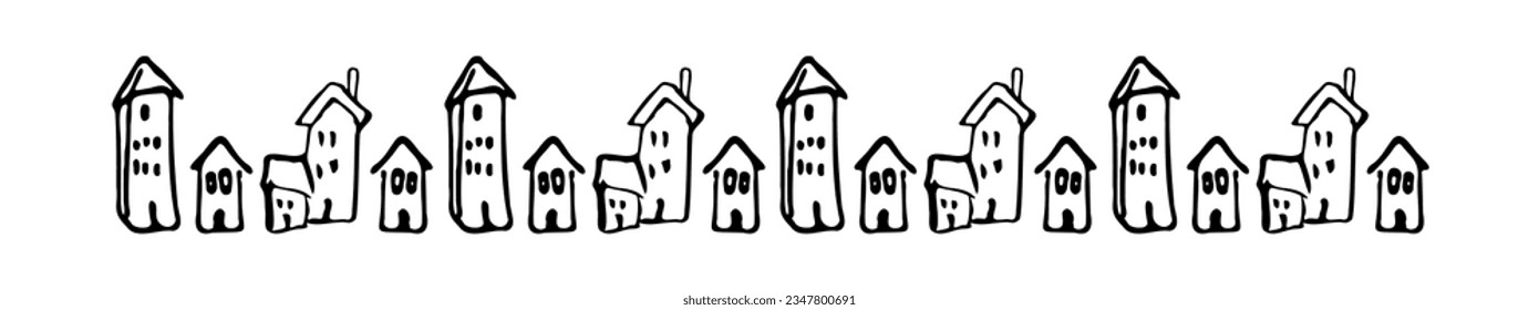 Whimsy hand drawn house vector banner for rural residential clipart. Isolated wonky domestic village for naive monochrome illustration. 