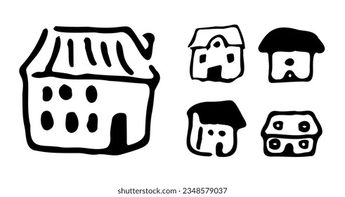 Whimsy hand drawn house vector motif for rural residential clipart.Isolated wonky domestic home for naive monochrome illustration. 