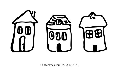 Whimsy hand drawn house vector motif for rural residential clipart.Isolated wonky domestic home for naive monochrome illustration. 