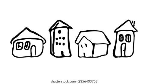 Whimsy hand drawn house vector motif for rural residential clipart.Isolated wonky domestic home for naive monochrome illustration. 