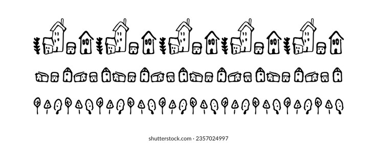 Whimsy hand drawn house vector banner for rural residential clipart. Isolated wonky domestic village for naive monochrome illustration. 
