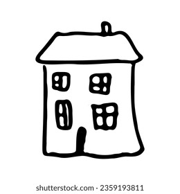 Whimsy hand drawn house vector motif for rural residential clipart.Isolated wonky domestic home for naive monochrome illustration. 