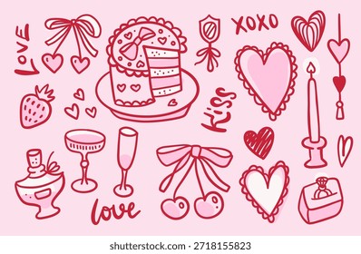 Whimsy Feliz día de San Valentín doodle set. Cerezas en forma de corazón, pasteles, arcos vintage de moda, vela, vasos. Ilustración vectorial de arte de línea dibujada a mano. Dibujo a mano alzada.