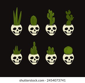 Whimsy meets the macabre with eerie collection of skull shaped pot plants. Vector set against black backdrop adds a touch of spooky charm to your designs. Perfect for Halloween themed projects.