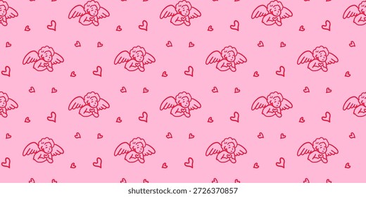 Patrón sin fisuras caprichoso con querubín, corazones de coqueta sobre fondo rosa. Cita de San Valentín. Ilustración vectorial de moda de Antiguas para envolver papel, embalaje, tela, caja del teléfono, etc.