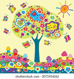 Whimsy spring background with flower tree, mushrooms and butterflies