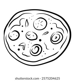 Whimzical Pizza, Hand drawn doodle pizza, pizza with topping