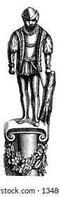 Whip Handle is in the shape of a man dressed in a costume, vintage line drawing or engraving illustration.