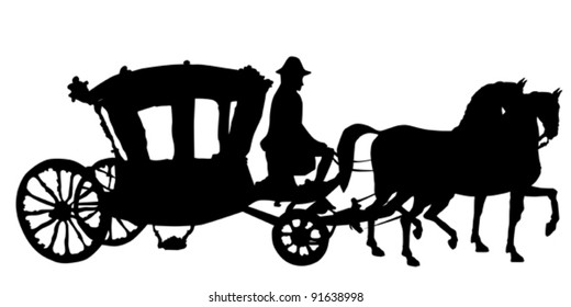 Whip, Horse And Carriage Silhouettes Isolated On White, Rococo Style Coach