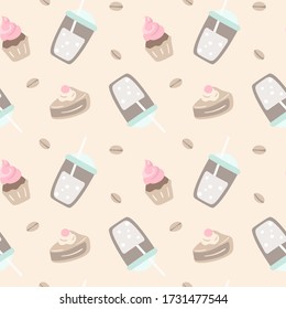 Whipped coffee cup and cake seamless pattern. Beige, pink, and pastel mint colors. Coffee break party elements. Great for restaurant, shop, fabric print, cover, tag, wrapping, sweet background
