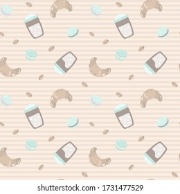 Whipped coffee cup and sweets seamless pattern. Beige, pink, and pastel mint colors. Coffee break party elements. Great for restaurant, shop, fabric print, cover, tag, wrapping, striped background
