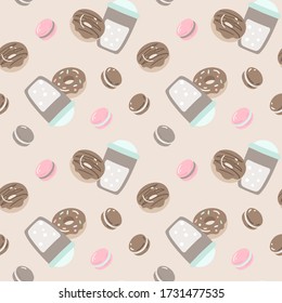 Whipped coffee cup and sweets seamless pattern. Beige, pink, and pastel mint colors. Coffee break party elements. Great for restaurant, shop, fabric print, cover, tag, wrapping, sweet background