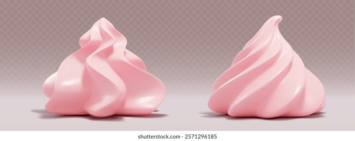 Elementos 3D en color rosa suave con dos técnicas de ribete. Formas de merengue realistas con superficie lisa y suaves remolinos para el diseño del menú de postres de panadería o la presentación de confitería.