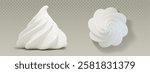 Whipped cream 3d elements top and side view - realistic soft swirled dairy topping with smooth texture and delicate peaks. Sweet food decoration on transparent background. Twirled custard icing.