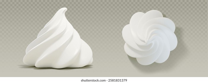 Whipped cream 3d elements top and side view - realistic soft swirled dairy topping with smooth texture and delicate peaks. Sweet food decoration on transparent background. Twirled custard icing.