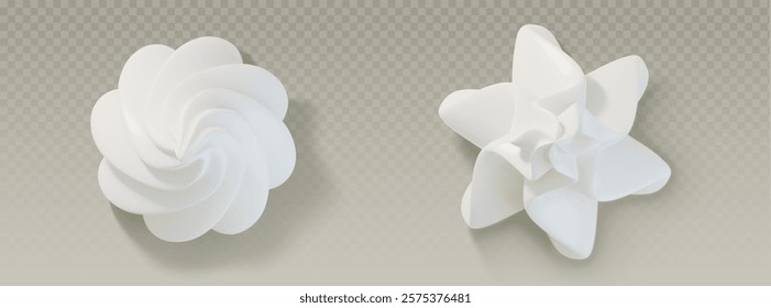 Formas 3d creme chicoteado - roseta girada e padrões decorativos estrela. Elementos realistas de glacê branco com sombras macias vista superior para projetos de padaria, menus de sobremesa ou apresentações de confeitaria.
