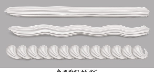 Whipped cream border 3d realistic vector. Whip swirl, white vanilla milk wavy foam for cake edge, sweet creamy twirl for pastry decoration isolated illustrations