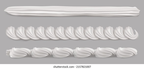 Whipped cream border 3d realistic vector. Whip swirl, white vanilla milk foam for cake edge, sweet creamy twirl for pastry decoration isolated illustrations