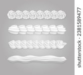 Whipped cream border. Whipping creamy line pattern, frosting borders for cupcakes whip swirls icing cake or candy dessert decoration realistic sweet crema exact vector illustration of creamy dessert