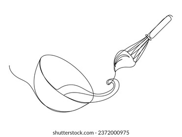 Whipped cream in a bowl in continuous one line art style. Simple vector illustration