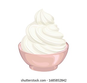 Whipped cream in bowl isolated on white background. Food icon. Vector illustration of sweet dairy dessert in cartoon flat style.