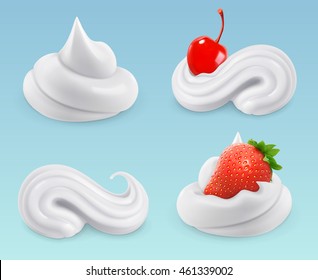 Whipped cream, cherries and strawberries, milk twirl, vector set