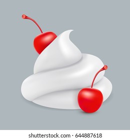 Whipped cream with cherries. Vector image.