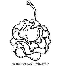 Whipped cream with cherry on top. Dessert illustration classic sweet topping for ice cream, milkshake, cake, festive dessert. Vector illustration in hand drawn sketch style. Line art isolated on white