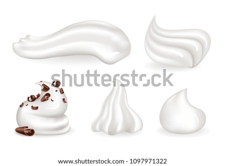 Whipped cream clean and with chocolate crumbles. Sweet topping for desserts. Dairy product of creamy cositance isolated vector illustrations set. Imagine de stoc © 