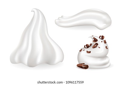 Whipped cream collection, different mousse shape made of milk and sweetened with vanilla, chocolate dessert decoration isolated on vector illustration