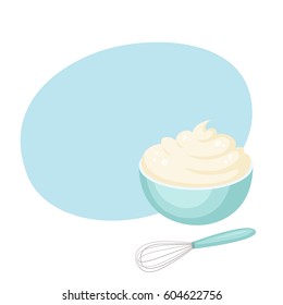 Whipped cream in a cup and whisk. Baking and cooking Ingredients cartoon vector. Cake or dessert preparation. Organic food illustration. Kitchen utensils.