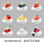 Whipped cream with fruits and berries, 3d vector icon set