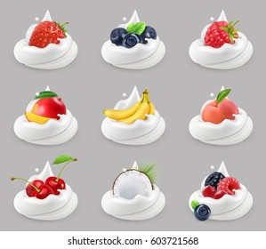 Whipped cream with fruits and berries, 3d vector icon set