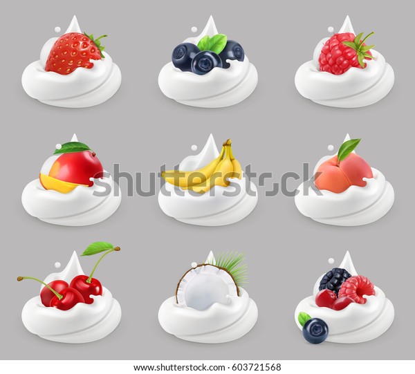 ホイップクリームと果実とベリー 3dベクター画像アイコンセット のベクター画像素材 ロイヤリティフリー