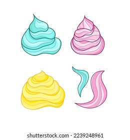 Whipped cream, marshmallows. Vector set of multicolored glaze on a white background.