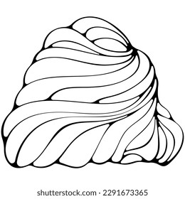 Whipped cream or meringue, mousse swirl shape. Marshmallow or frozen yogurt for dessert, cupcake, ice cream. Vector illustration in hand drawn cartoon sketch style. Line art isolated on white