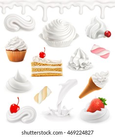 Whipped Cream And Milk. Sweet 3d Vector Icon Set