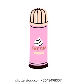 Whipped cream packed in spray bottle. Sweet dairy topping, soft airy milk icing for desserts. Sugar treat in plastic aerosol can. Creamy snack. Flat vector illustration isolated on white background