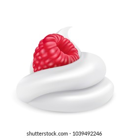 Whipped cream and raspberries vector icon. 3d realistic image