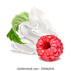 Whipped cream and raspberry. Vector illustration.