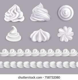 Whipped cream realistic set in different shapes isolated vector illustration 