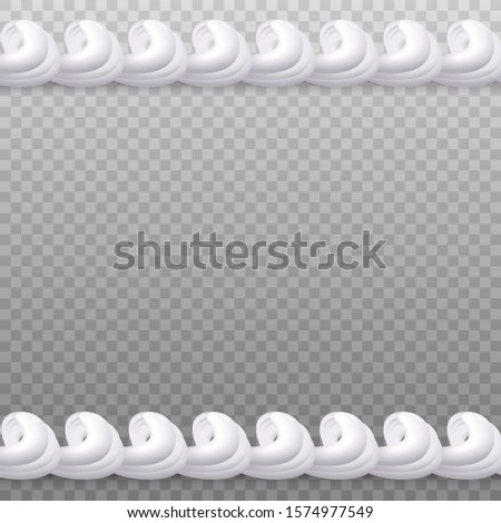 Whipped cream seamless border isolated on transparent background - top and bottom frame of white twirl shaped cake icing. Realistic vector illustration.