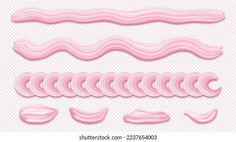 Whipped cream set. Collection of graphic elements for website. Sweet pink products on copy space. Dessert, gourmet and delicacy. 3D realistic vector illustrations isolated on transparent background