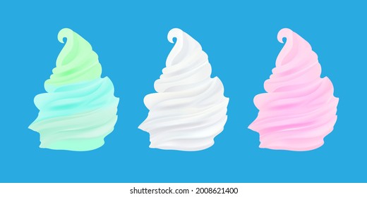 Whipped cream set isolated on blue background. Mint, milk and strawberry flavours. Confectionery design elements.