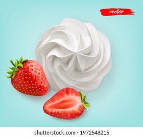 Whipped cream with strawberry and half strawberry on blue background. 3d realistic vector illustration of whipped cream with strawberries.